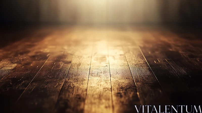 Raking backlight across varnished wooden floorboards surface.