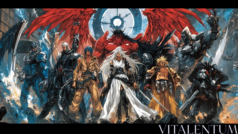 Angel warriors confront demonic titan in ruined cityscape.