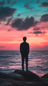 Backlit coastal silhouette before high-saturation sunset gradient