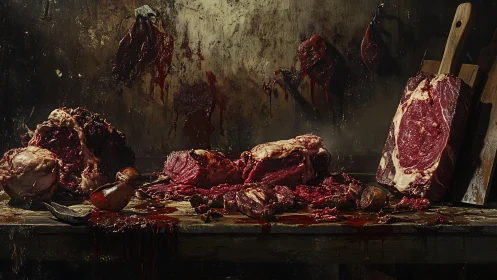 Carnal still life revels in raw cuts, blood, and dark drama.