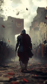 Lone armored knight advances through a war-torn avenue.