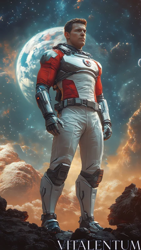 Starlit guardian surveys a newborn world in gleaming armor