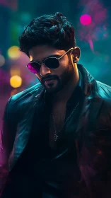 Man in leather jacket stands in neon-lit, shallow-focus scene