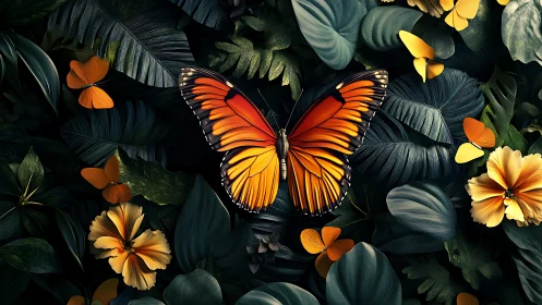 Orange butterfly on dark green leaves with yellow flowers.