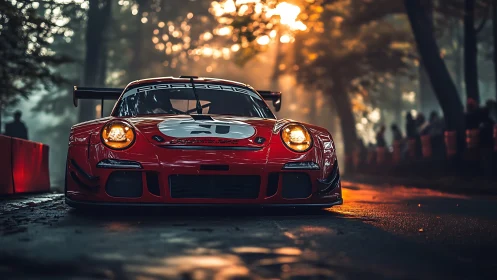 Red Porsche race car on forest track at golden hour.