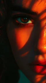 Sunlit gaze wrapped in shadow and softly glowing warmth.