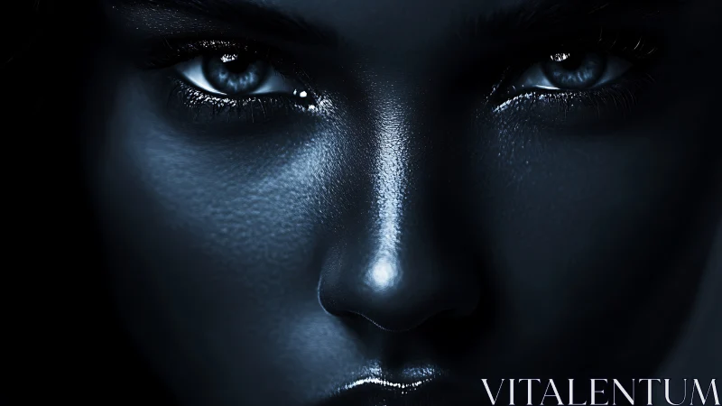 Close-up monochrome portrait of human face in low light.