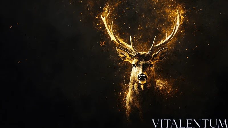 Golden stag portrait with glowing antlers on dark field.