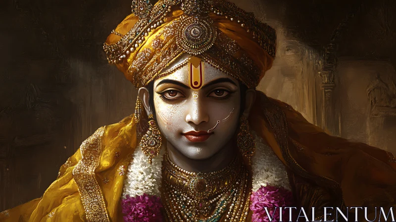 Golden crowned deity gazes softly in rich temple light