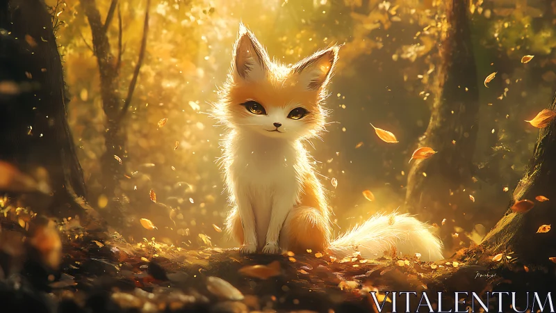 Small fox-like creature in backlit autumn forest setting.