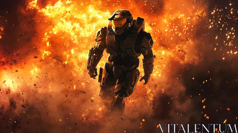 Armored firewalker strides through a storm of shrapnel.