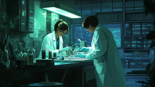 Scientists work under lab hood amid teal backlit equipment