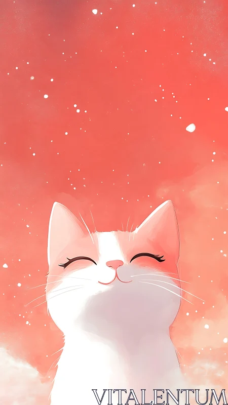 Serene White Cat Against Coral Bokeh Background.