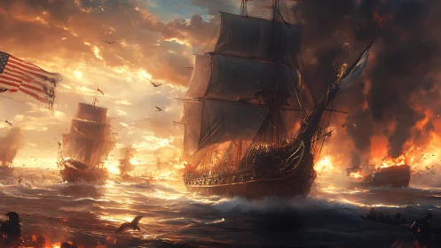 Tall warships charge through blazing sunset seascape.