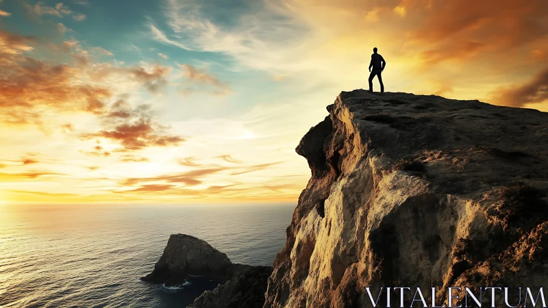 Silhouetted hiker surveys a fiery ocean sunset from cliff edge