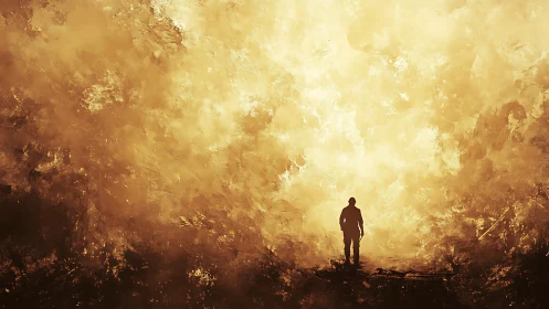 Solitary human silhouette framed by turbulent golden atmospheric field