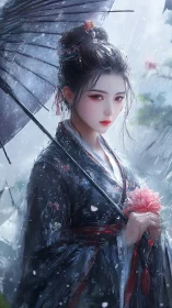 Rainy garden reverie with graceful kimono and umbrella.