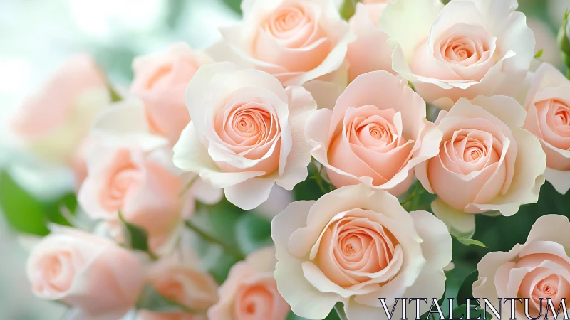 Soft peach roses with cream petals display layered depth and diffused botanical arrangement.