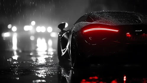 Supercar rear lights cutting through cinematic night rain.