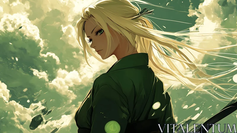 Wind-swept anime swordswoman rendered in dynamic green atmosphere