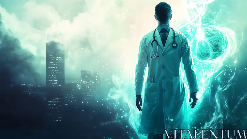 Backlit medical researcher confronts luminous bioenergy vortex field