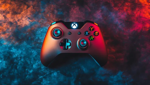 Xbox-style gamepad under dual-color neon rim lighting on smoke