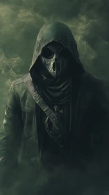 Hooded figure in gas mask standing in smoky green fog.