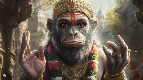 Serene monkey deity blesses an ancient sun-warmed temple courtyard.