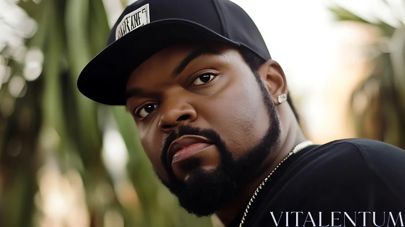 Close-up outdoor portrait of bearded man in black cap.