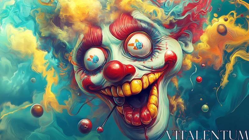 Psychedelic clown portrait with warped grin and orbs.