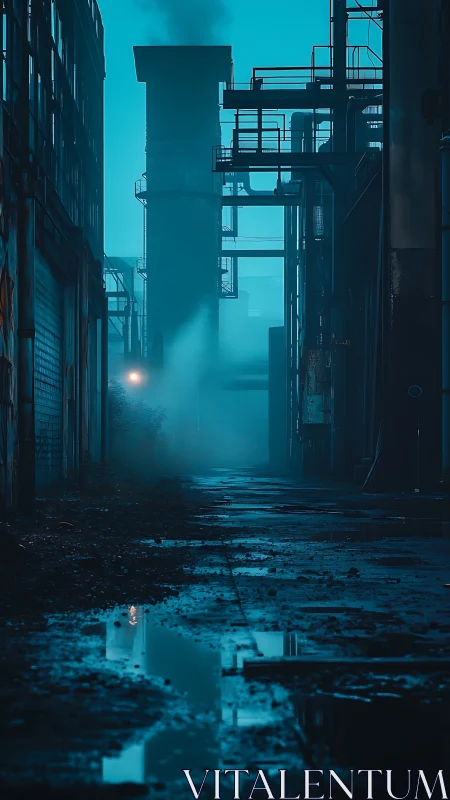 Industrial alley with wet pavement and distant smokestack.