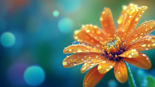 Orange Gerbera Daisy with Dew Droplets in Macro Focus.