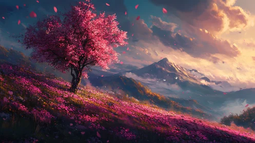 Isolated pink-blossom tree on sloping meadow at sunset.