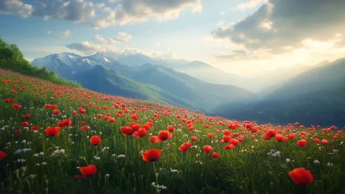 Sunlit poppy meadow rolls toward distant misty mountains