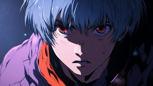 Intense close-up of silver-haired anime hero in harsh shadow.