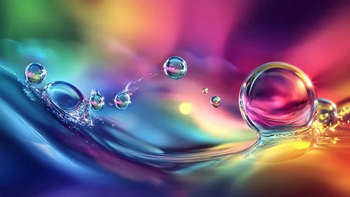 Glowing rainbow water droplets dance across a dreamy wave