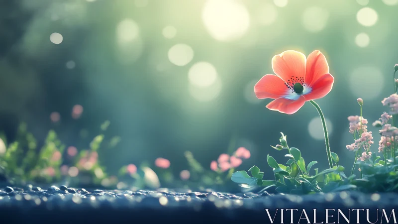 Red anemone bloom with soft focus bokeh background.