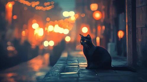 Black Cat Seated on Wet Urban Street at Dusk