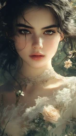 Soft wildflower muse in a dreamlit woodland portrait.