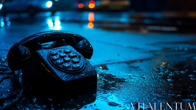 Abandoned rotary phone on wet neon street rendered in bokeh