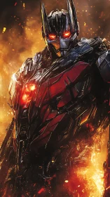 Armored humanoid robot stands in flames with glowing eyes