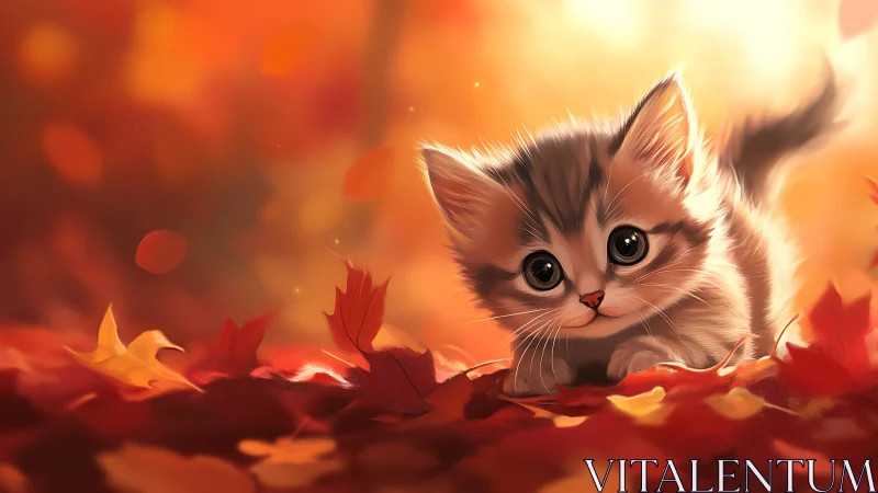 Kitten Surrounded by Autumn Leaves in Golden Sunlight.