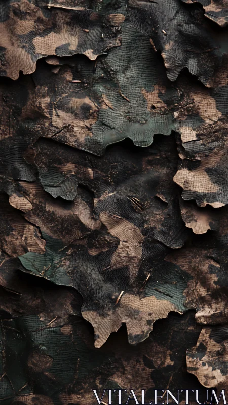Layered woodland camouflage fabric with torn textures.