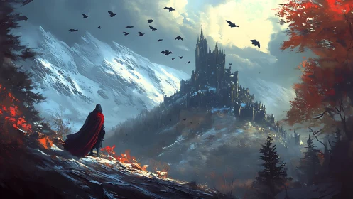 Lone cloaked figure facing dark castle in snowy mountains.