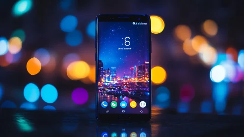 Neon Dreams: Urban Skyline Glows Through Smartphone Portal