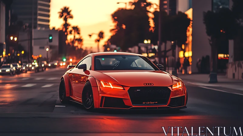 Red sports coupe on city street at dusk with traffic lights.