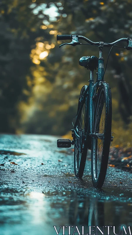 Bicycle stationary on wet pavement with bokeh background.