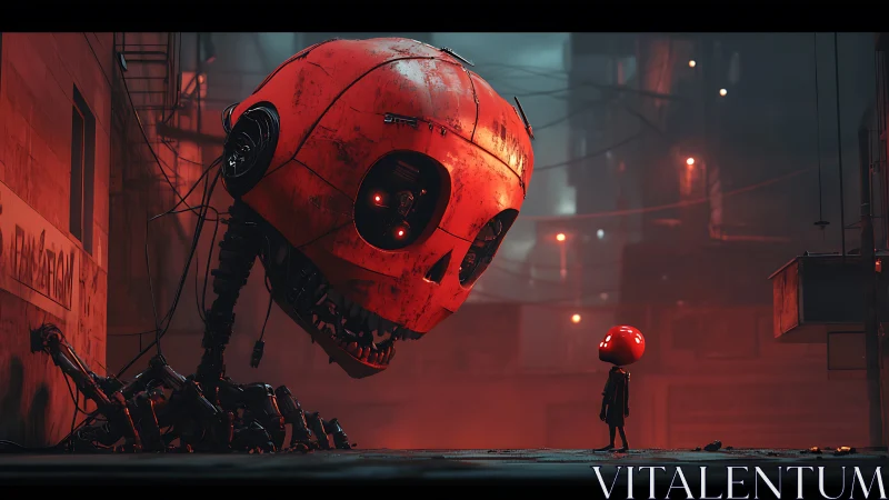 Giant red robot skull facing small figure in alleyway.