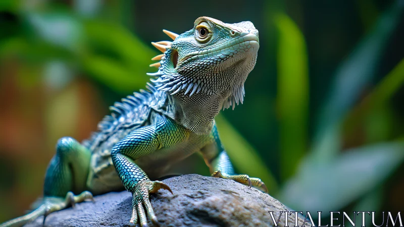 Green lizard rests on rock amid soft blurred foliage