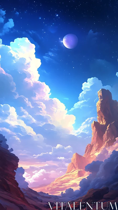 Vibrant alien canyon under glowing planet and clouds.